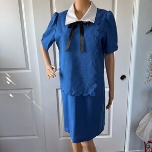 VINTAGE 80s cobalt blue A line Dress with White Collar Black Bow 16 XL maternity
